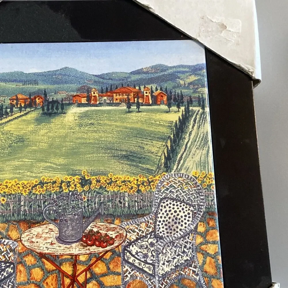 Sarina Framed Ceramic Tile Art 8x8 Tuscany Italy Vineyard Patio Bistro Chair